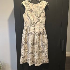 Formal wear mid length dress silver and grey jacquard fitted waist pockets